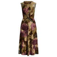 Floral Twist-Front Cap-Sleeve Jersey Dress