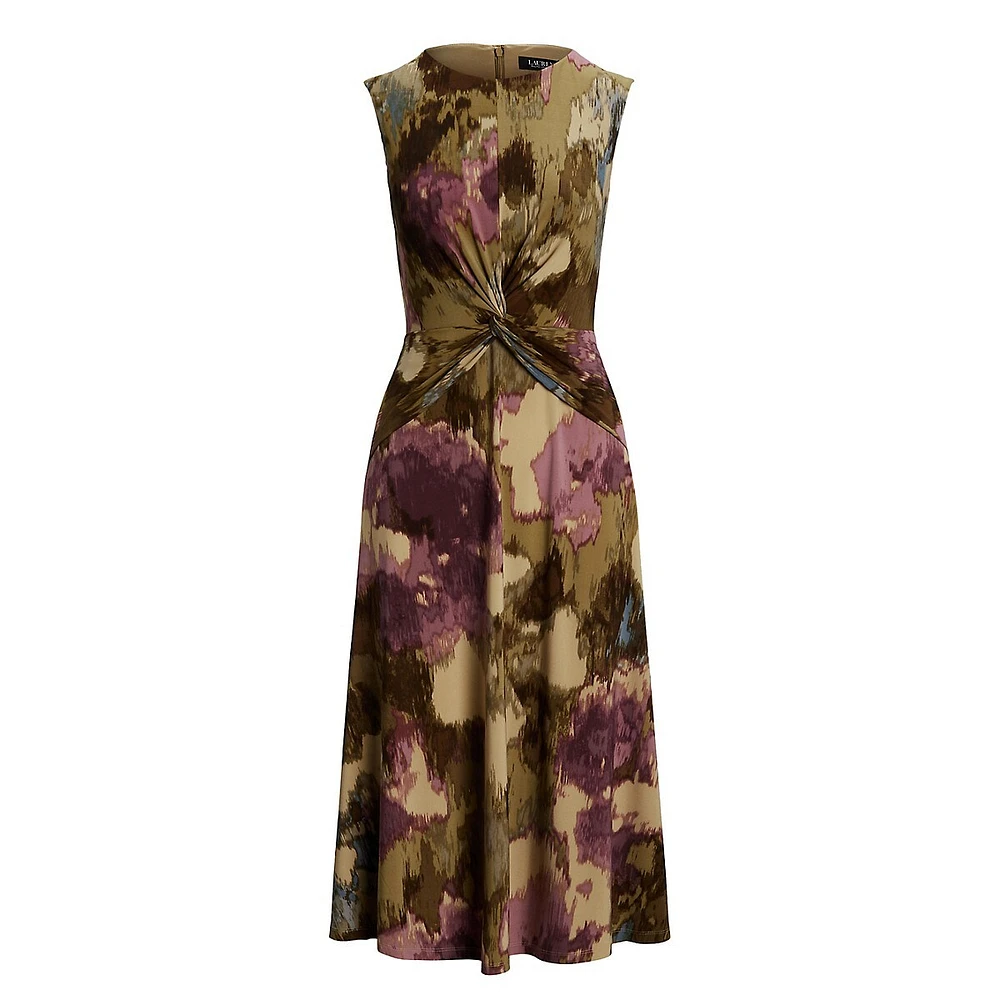 Floral Twist-Front Cap-Sleeve Jersey Dress