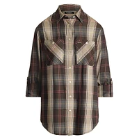 Relaxed-Fit Plaid Roll-Tab-Sleeve Shirt