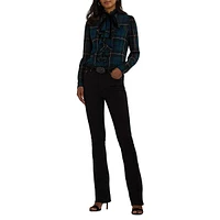 Plaid Ruffle-Neck Georgette Blouse