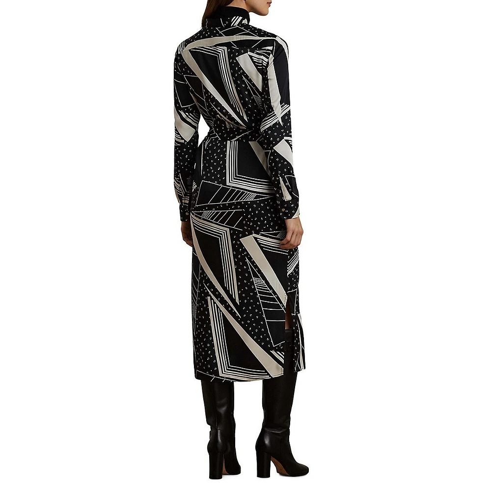 Geo-Print Belted Twill Shirt Dress