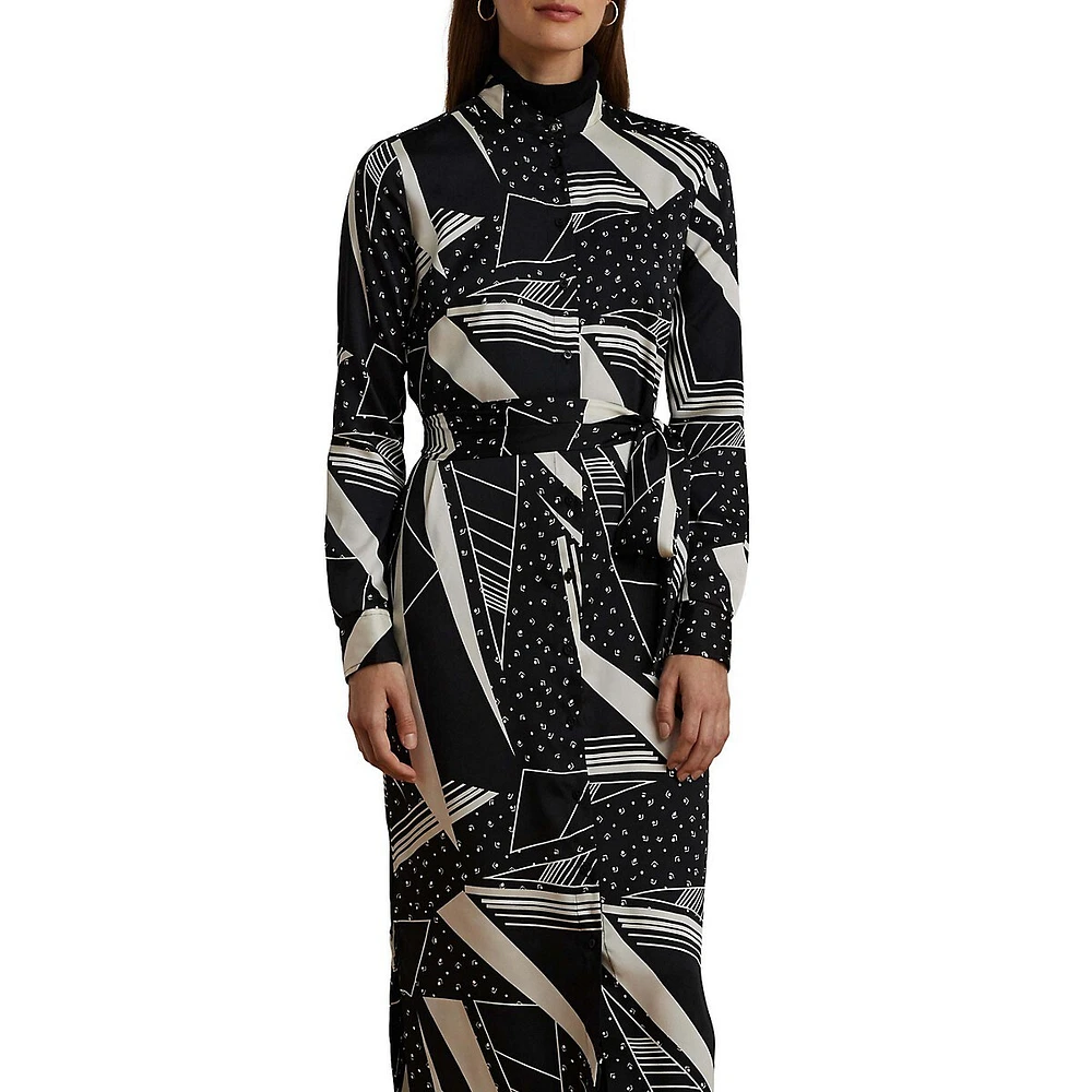 Geo-Print Belted Twill Shirt Dress