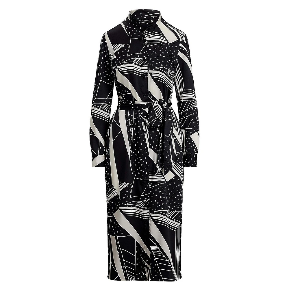Geo-Print Belted Twill Shirt Dress
