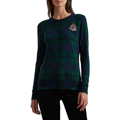 Black Watch Plaid Beaded-Crest Sweater