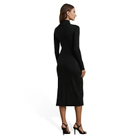 Chain-Trim Rib-Knit Turtleneck Midi Dress