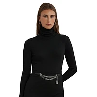 Chain-Trim Rib-Knit Turtleneck Midi Dress