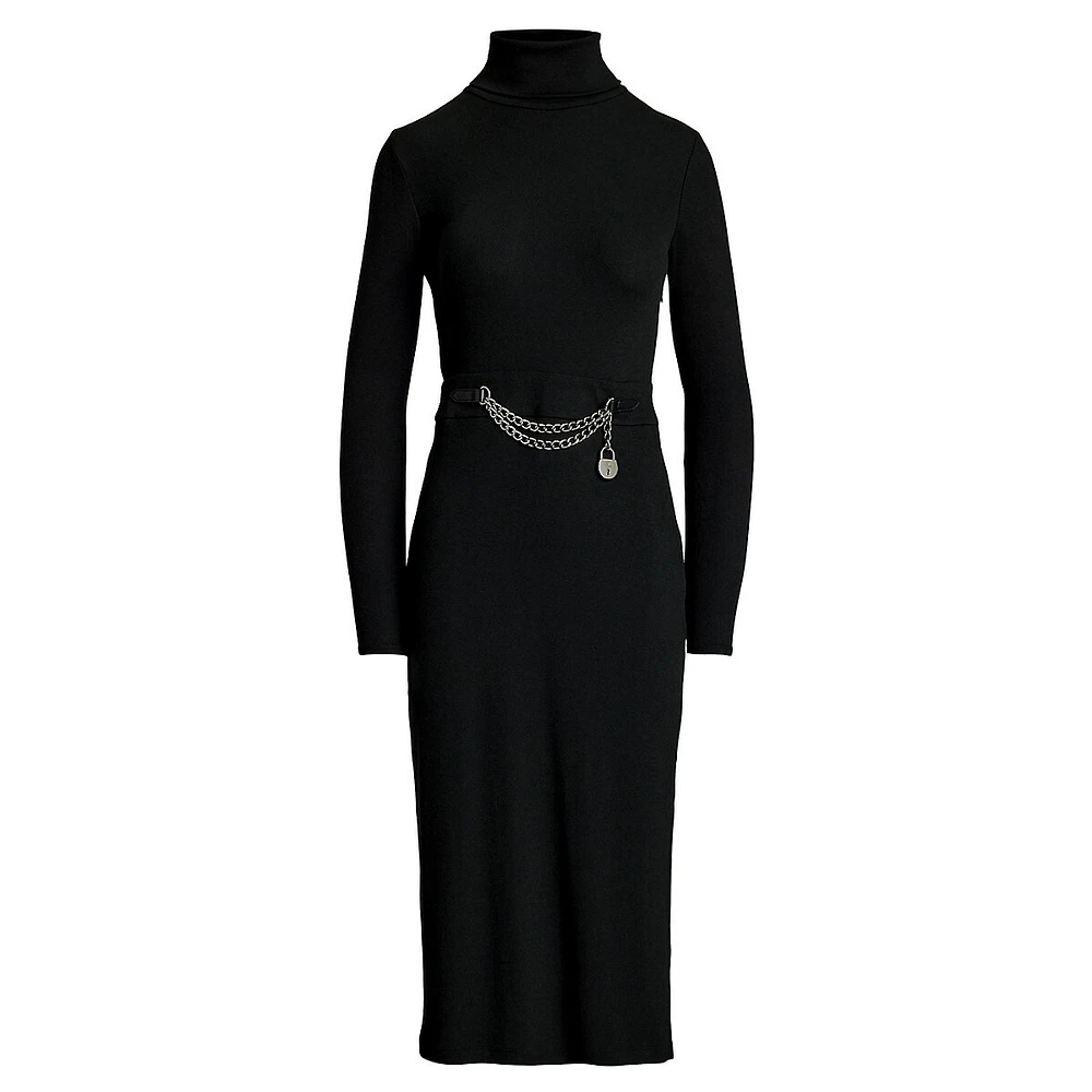 Chain-Trim Rib-Knit Turtleneck Midi Dress