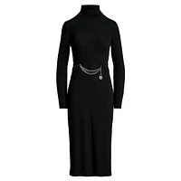 Chain-Trim Rib-Knit Turtleneck Midi Dress