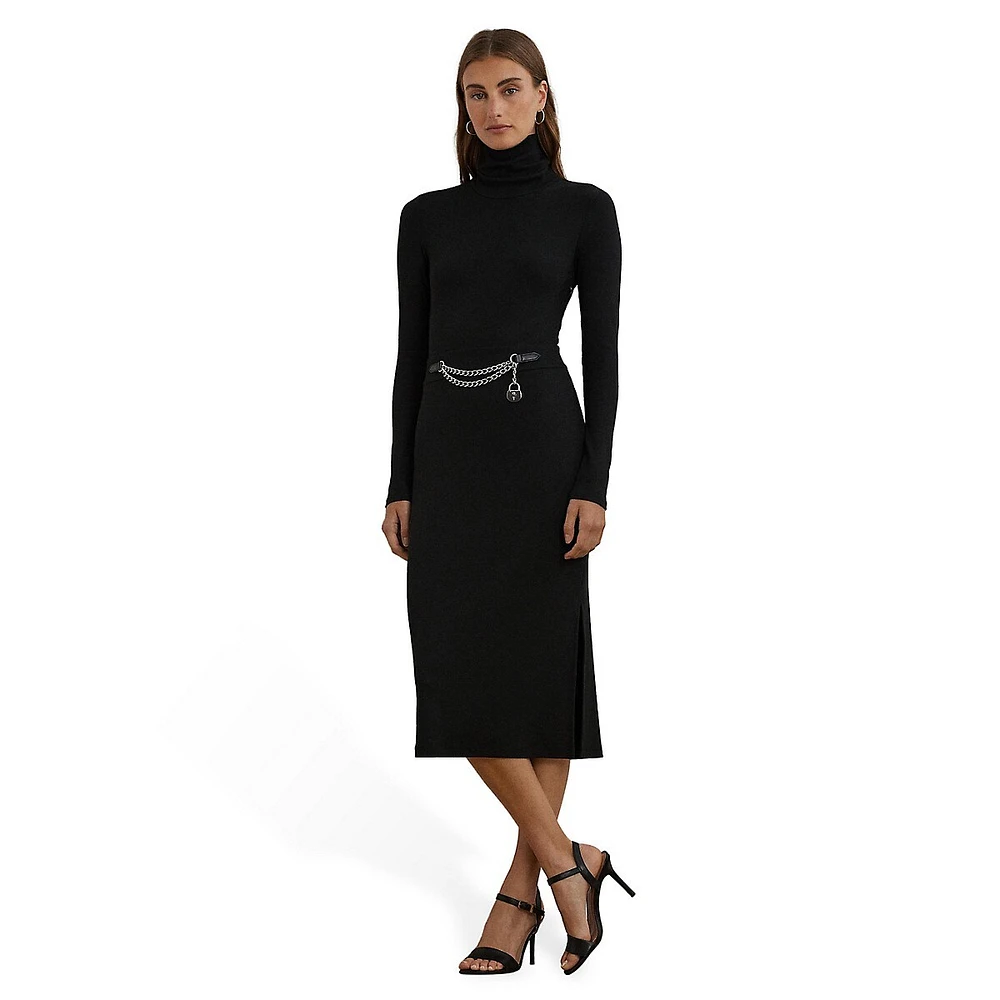 Chain-Trim Rib-Knit Turtleneck Midi Dress