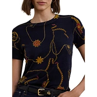 Belting-Print Short-Sleeve Sweater