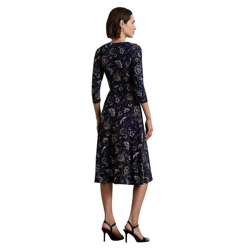 Floral Surplice Stretch Jersey A-Line Midi Dress