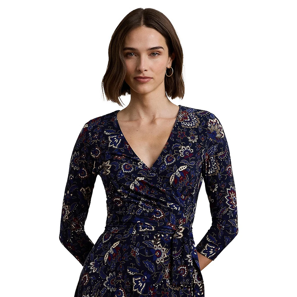 Floral Surplice Stretch Jersey A-Line Midi Dress