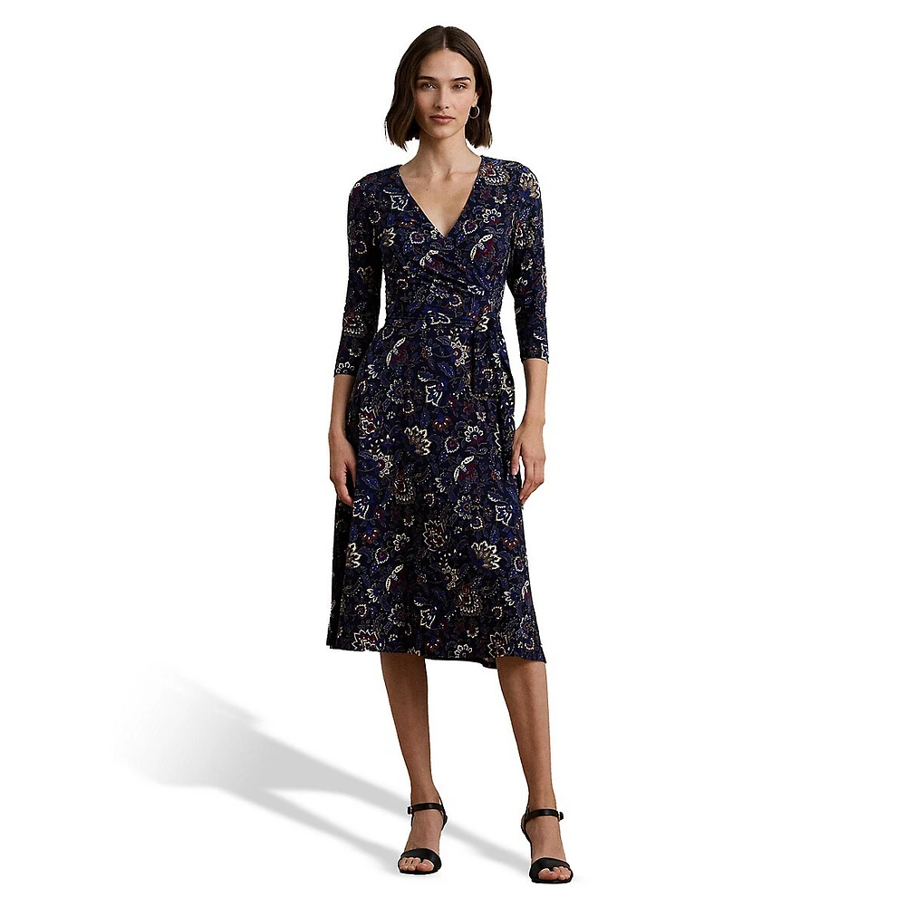 Floral Surplice Stretch Jersey A-Line Midi Dress