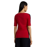 Two-Tone Stretch Cotton Elbow-Sleeve T-Shirt