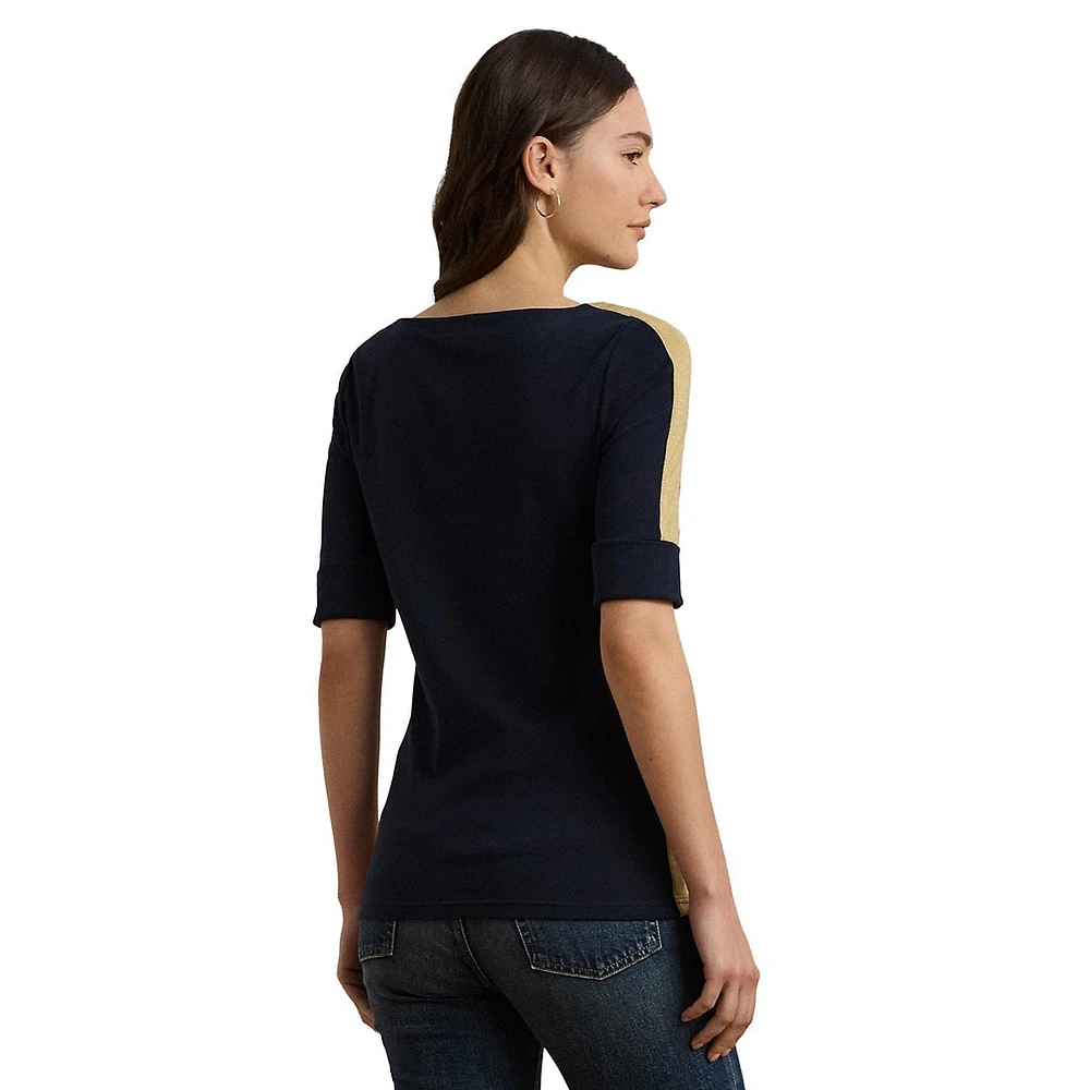 Two-Tone Stretch Cotton Elbow-Sleeve T-Shirt