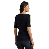 Two-Tone Stretch Cotton Elbow-Sleeve T-Shirt