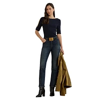 Two-Tone Stretch Cotton Elbow-Sleeve T-Shirt