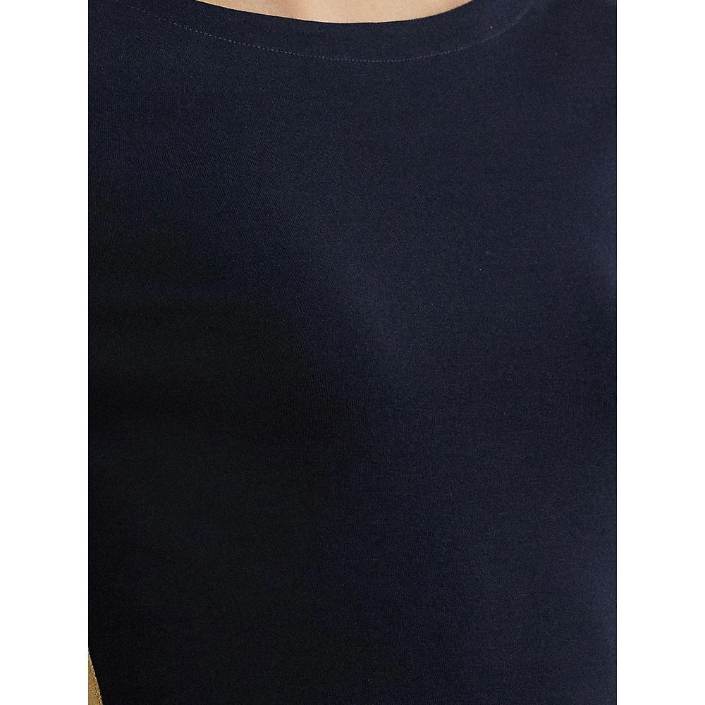 Two-Tone Stretch Cotton Elbow-Sleeve T-Shirt