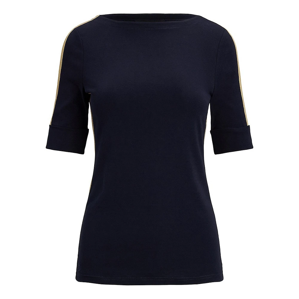 Two-Tone Stretch Cotton Elbow-Sleeve T-Shirt