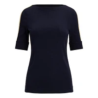 Two-Tone Stretch Cotton Elbow-Sleeve T-Shirt