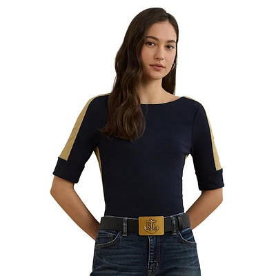 Two-Tone Stretch Cotton Elbow-Sleeve T-Shirt