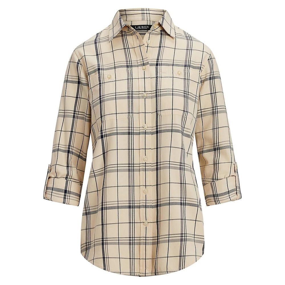 Relaxed-Fit Plaid Roll-Tab-Sleeve Shirt