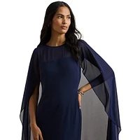 Georgette Column Gown With Sheer Cape Overlay