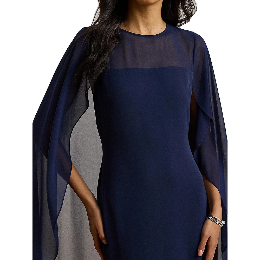 Georgette Column Gown With Sheer Cape Overlay