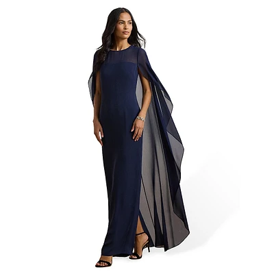 Robe colonne en georgette avec superposition de cape transparente