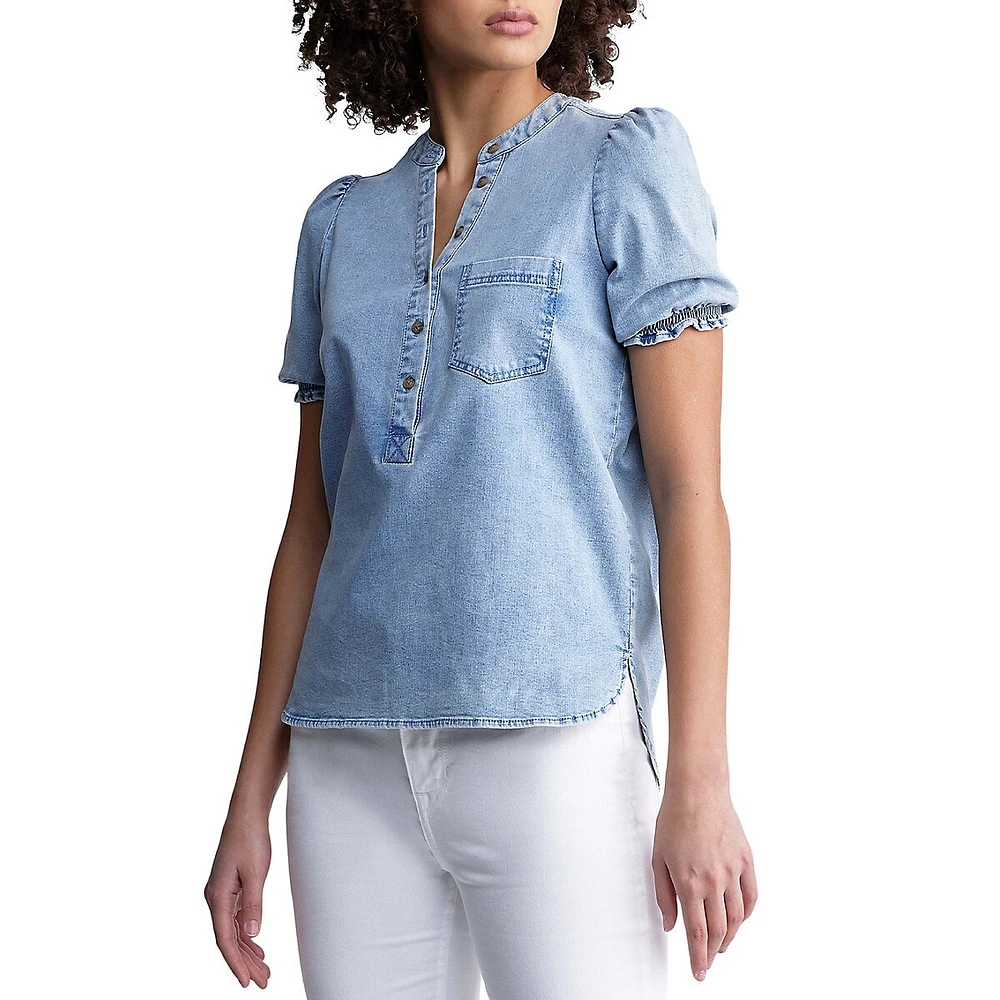 Lenore Puff-Sleeve Denim Popver Shirt