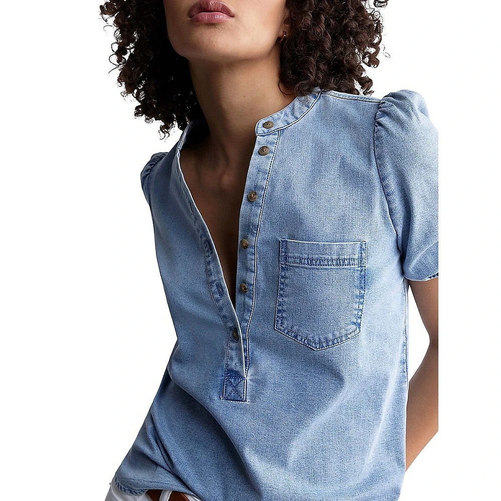 Lenore Puff-Sleeve Denim Popver Shirt