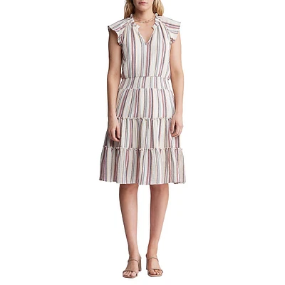 Livia Shirred & Ruffled Stripe Midi Dress