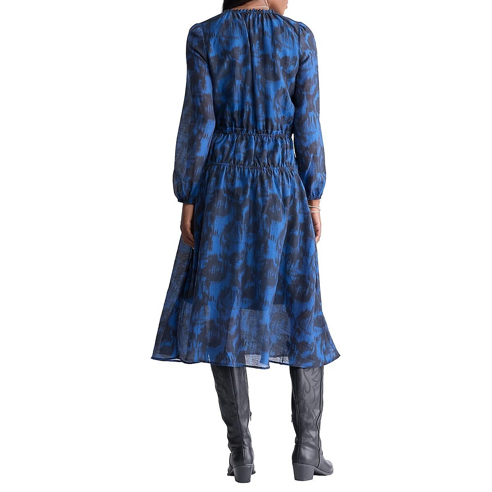 Virlen Long-Sleeve Tie-Neck Printed Midi Dress