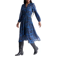 Virlen Long-Sleeve Tie-Neck Printed Midi Dress