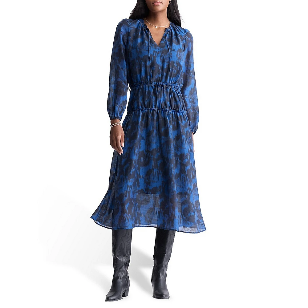 Virlen Long-Sleeve Tie-Neck Printed Midi Dress