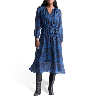 Virlen Long-Sleeve Tie-Neck Printed Midi Dress