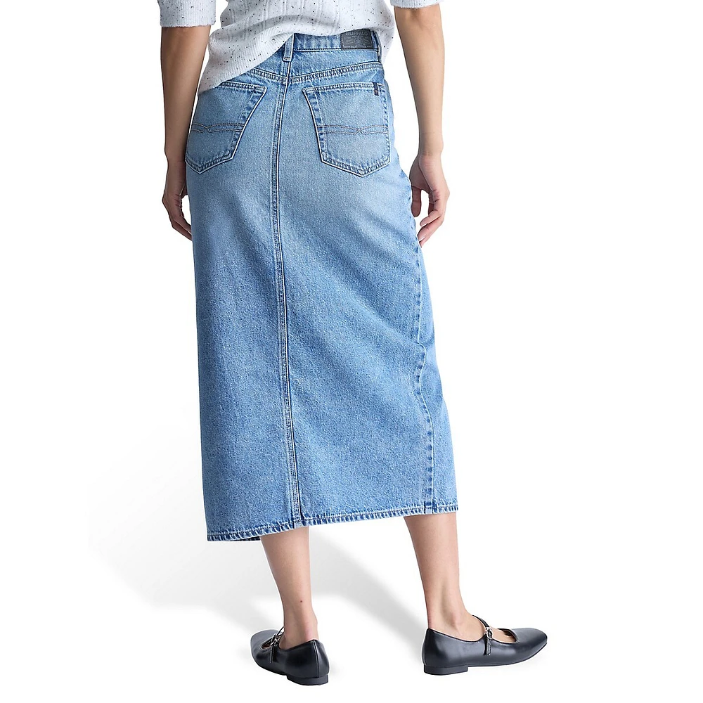 Samantha High-Rise 5-Pocket Denim Midi Skirt