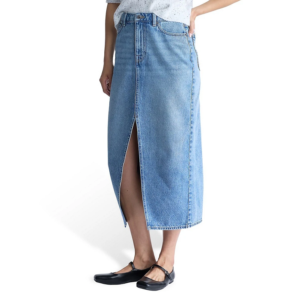 Samantha High-Rise 5-Pocket Denim Midi Skirt