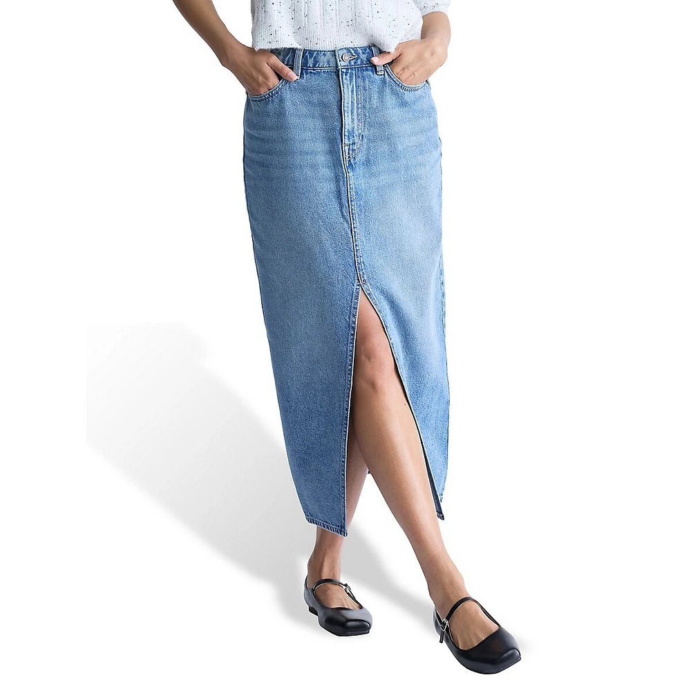 Samantha High-Rise 5-Pocket Denim Midi Skirt