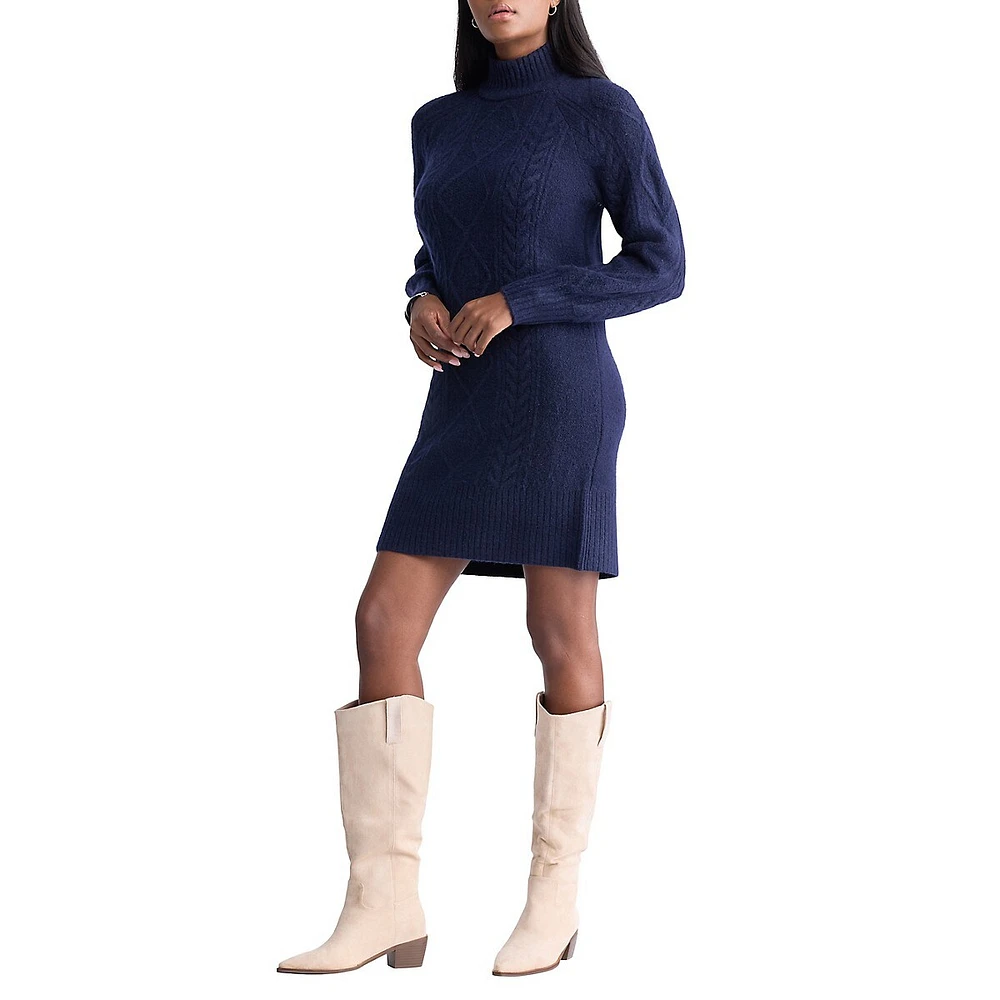 Cable-Knit Turtleneck Sweater Dress