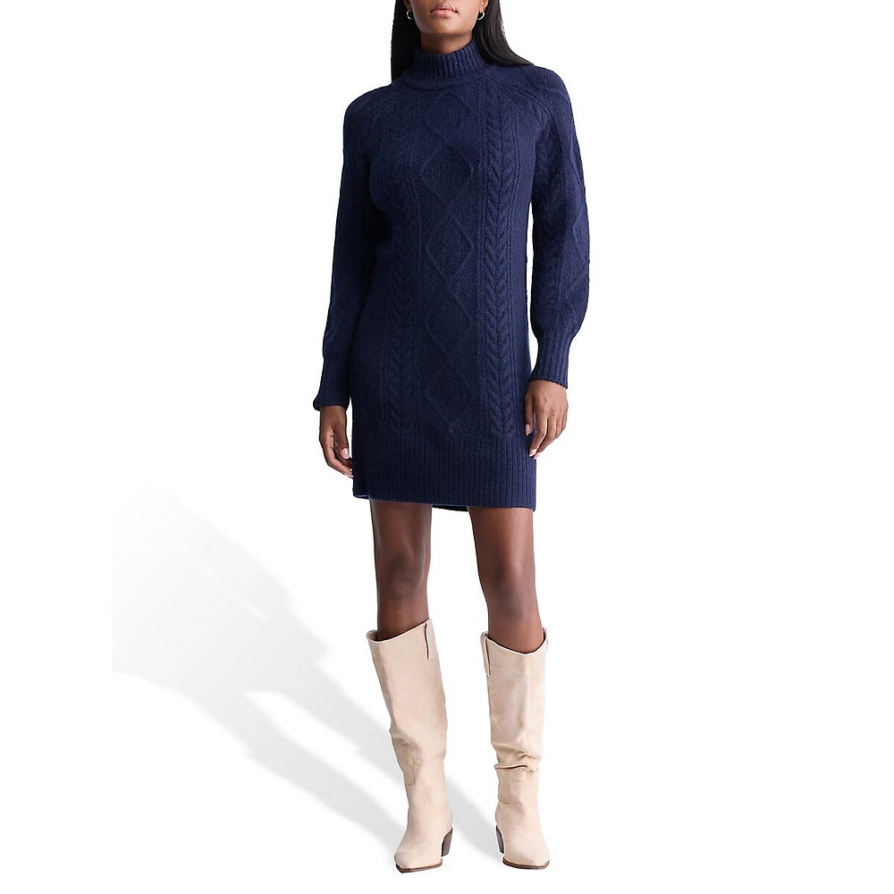 Cable-Knit Turtleneck Sweater Dress