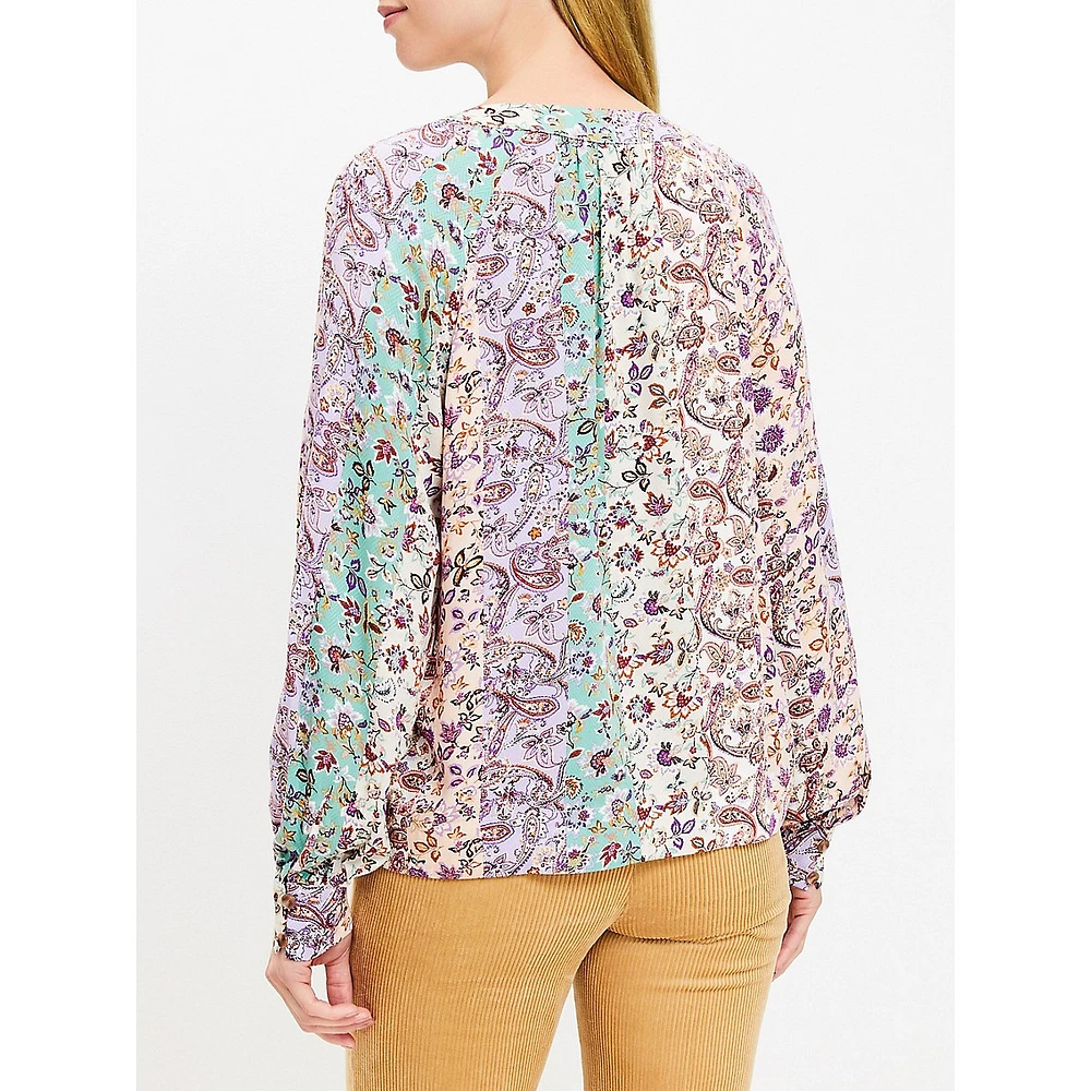 Herringbone Paisley Button Raglan Blouse