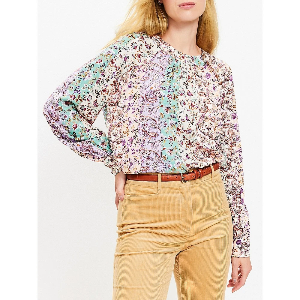 Herringbone Paisley Button Raglan Blouse