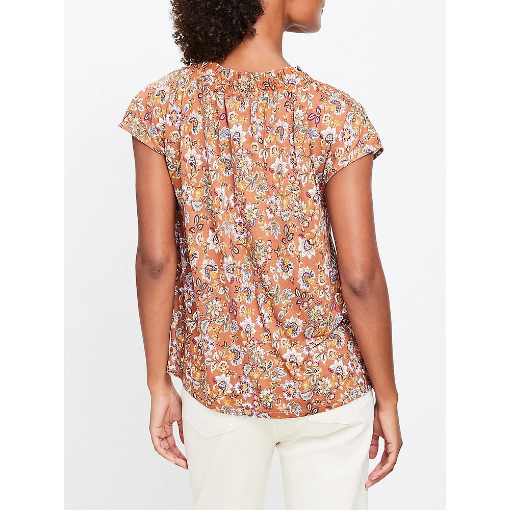 Floral Ruffle Tie-Neck Mixed-Media Top