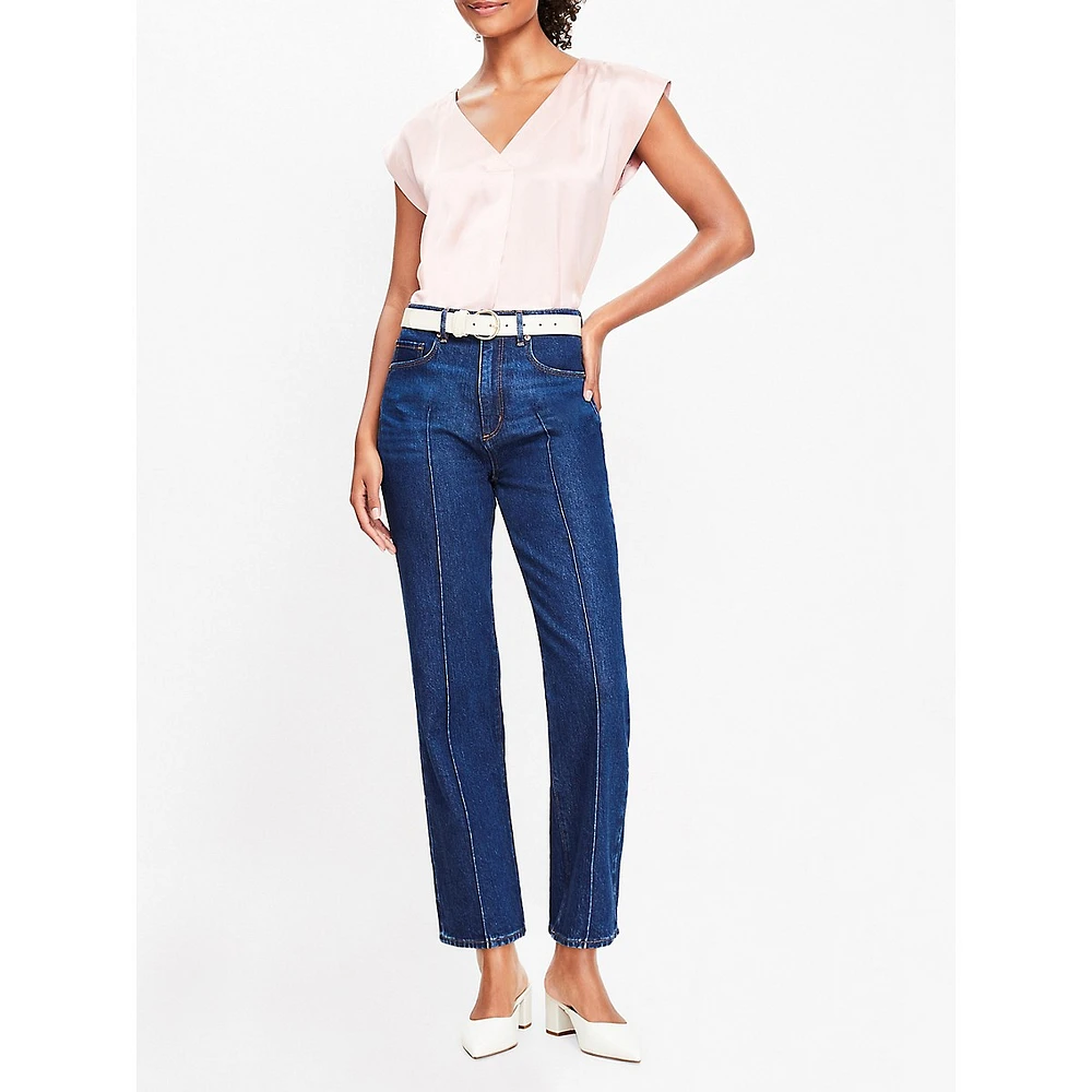 Pintucked High Rise Straight Jeans Refined Dark Indigo Wash