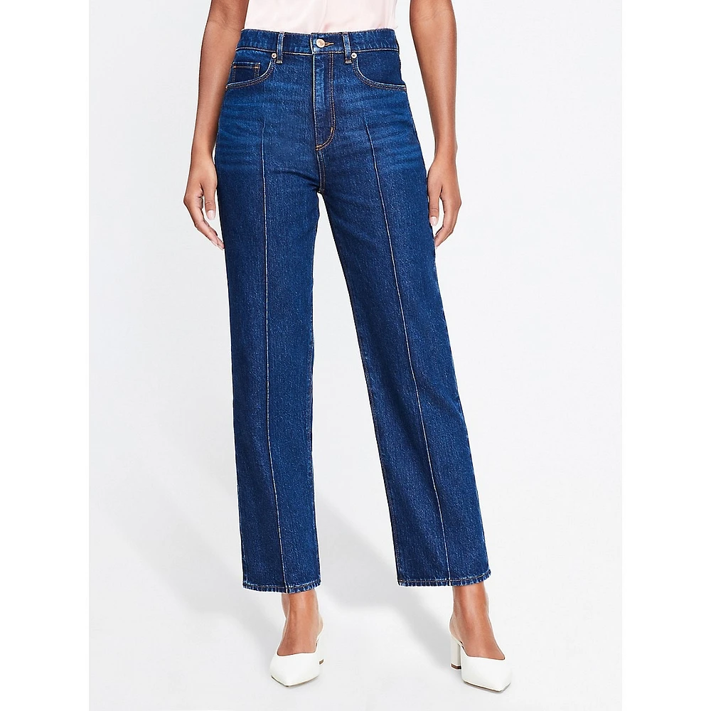 Pintucked High Rise Straight Jeans Refined Dark Indigo Wash