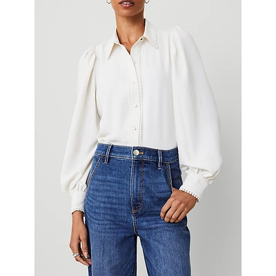 Bobble Trim Collared Puff Sleeve Shirt