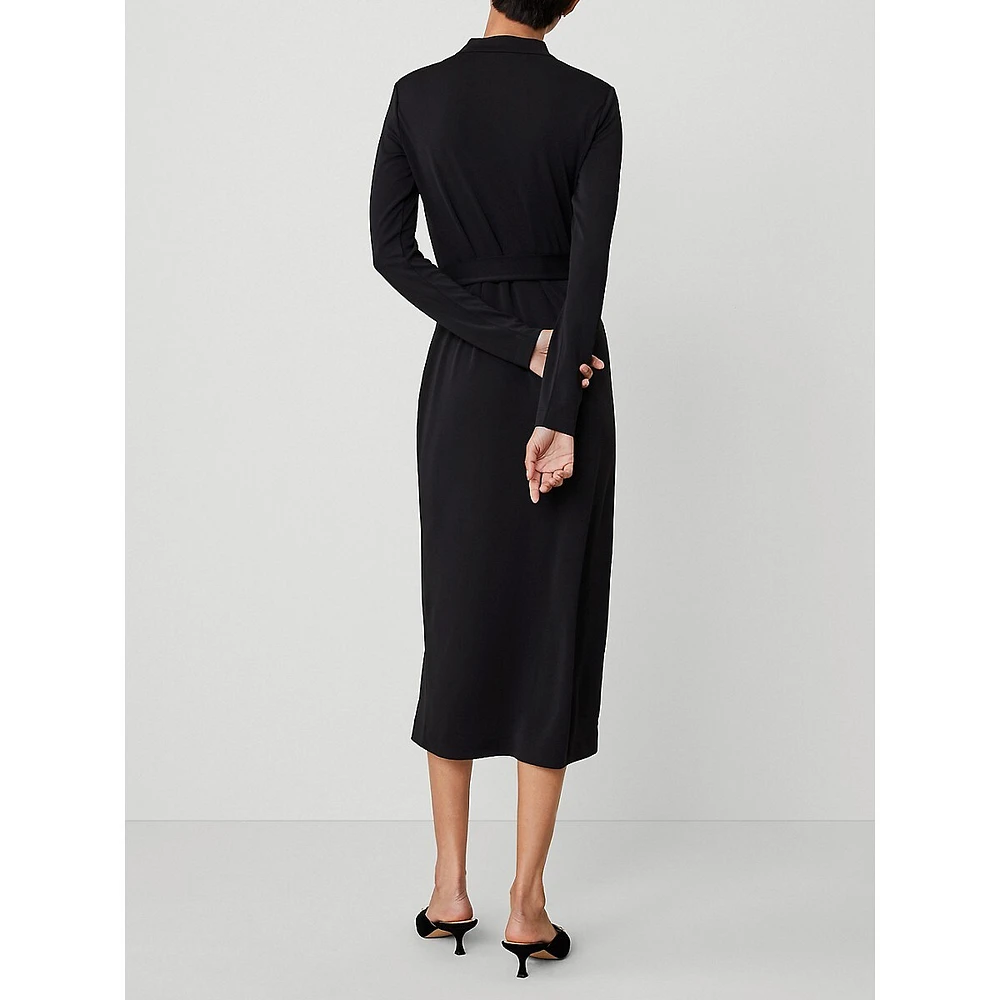 Mock Neck Belted Column Midi Dress