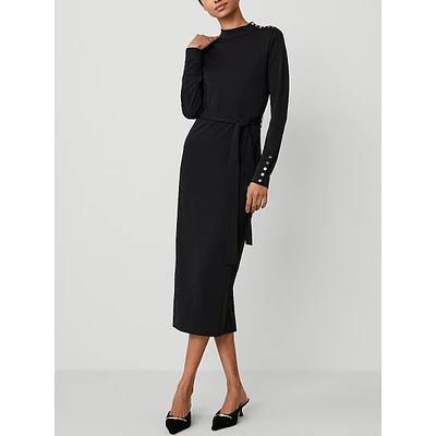 Mock Neck Belted Column Midi Dress