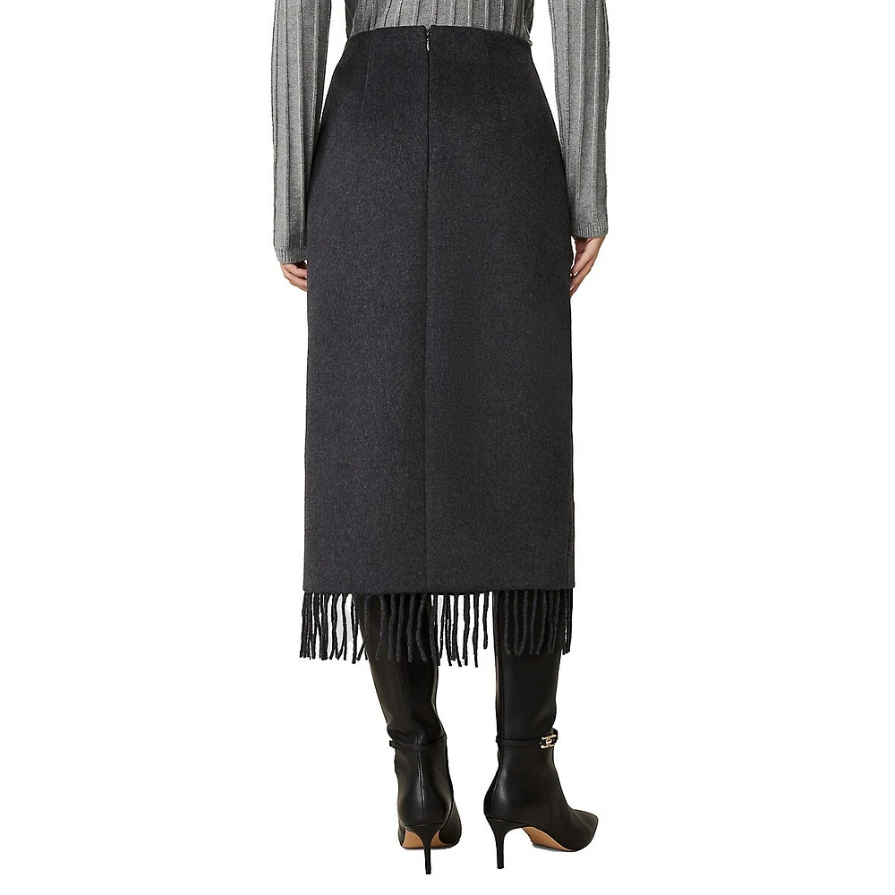 Jupe midi droite avec franges et bouton